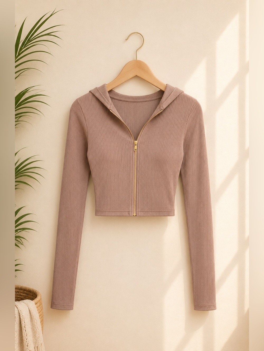 Women's Ribbed Zip-Up Hoodie - Brown